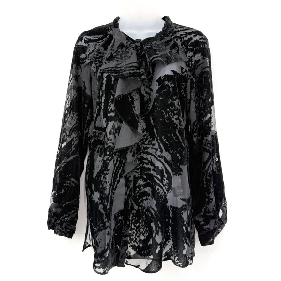 Tahari Top Women's XS Black Velvet Burnout Whimsigoth Witchy Roll Tab Ruffle‎ - Picture 1 of 15